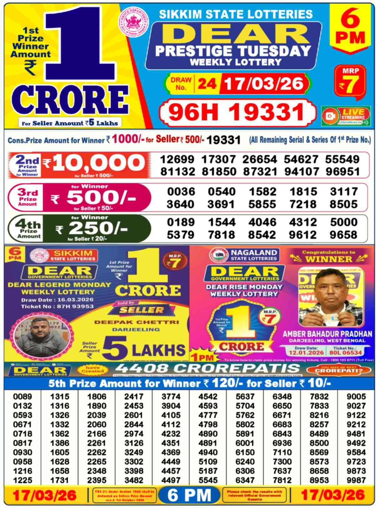Dear Lottery Result Today 6 PM 17 March 2026
