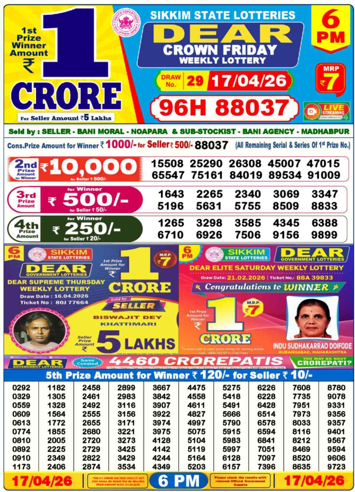 Dear Lottery Result Today 6 PM 18 April 2026