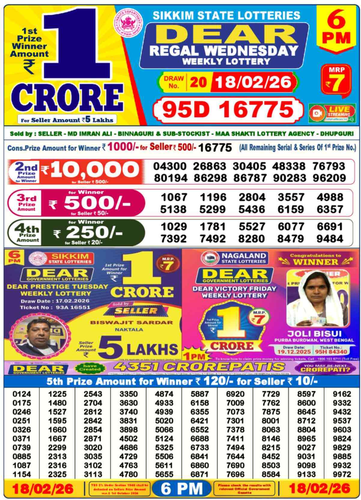 Dear Lottery Result Today 6 PM 19 February 2026