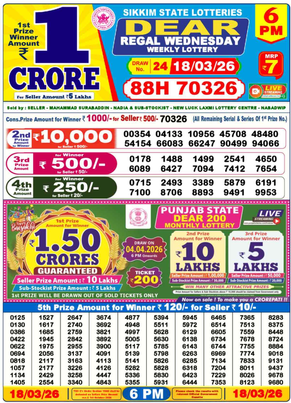 Dear Lottery Result Today 6 PM 18 March 2026