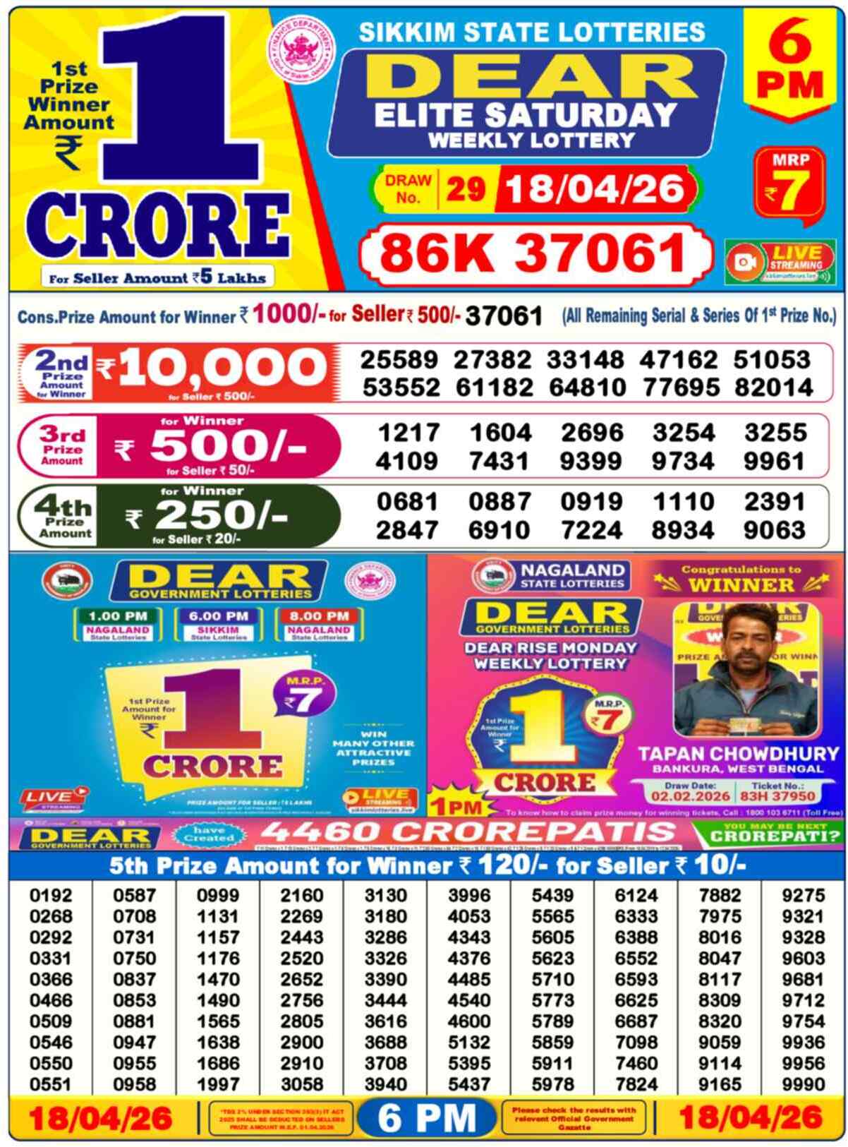 Dear Lottery Result Today 6 PM 19 April 2026