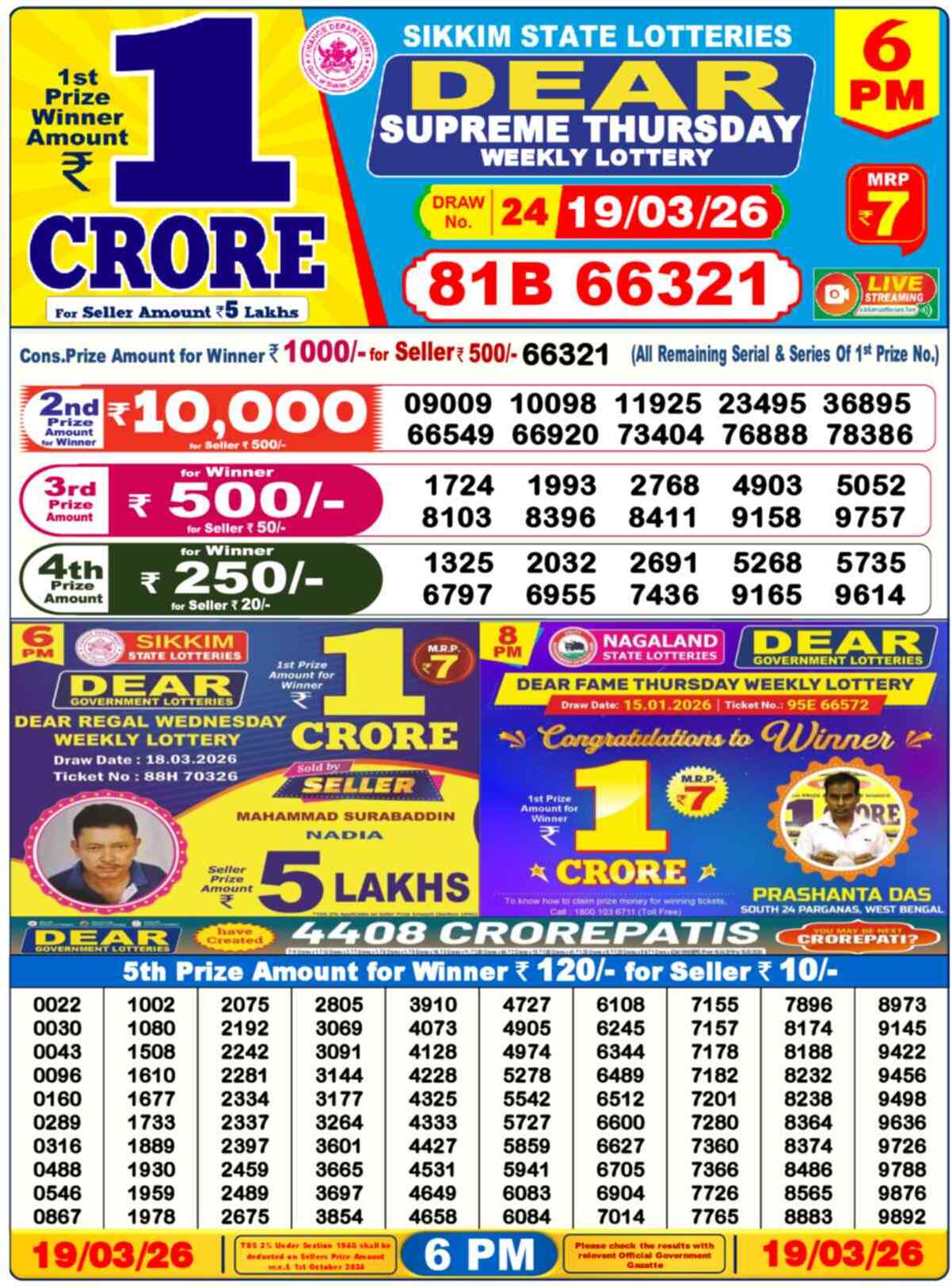 Dear Lottery Result Today 6 PM 19 March 2026