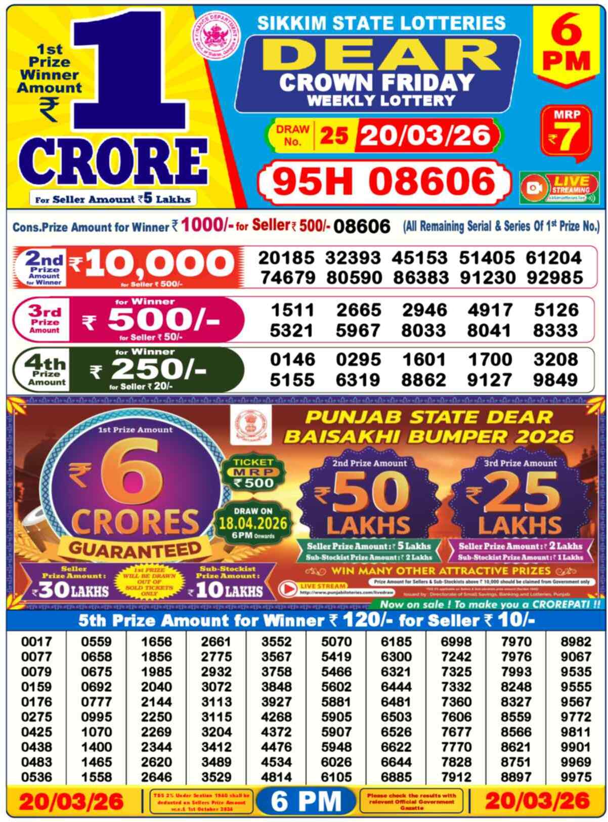 Dear Lottery Result Today 6 PM 20 March 2026