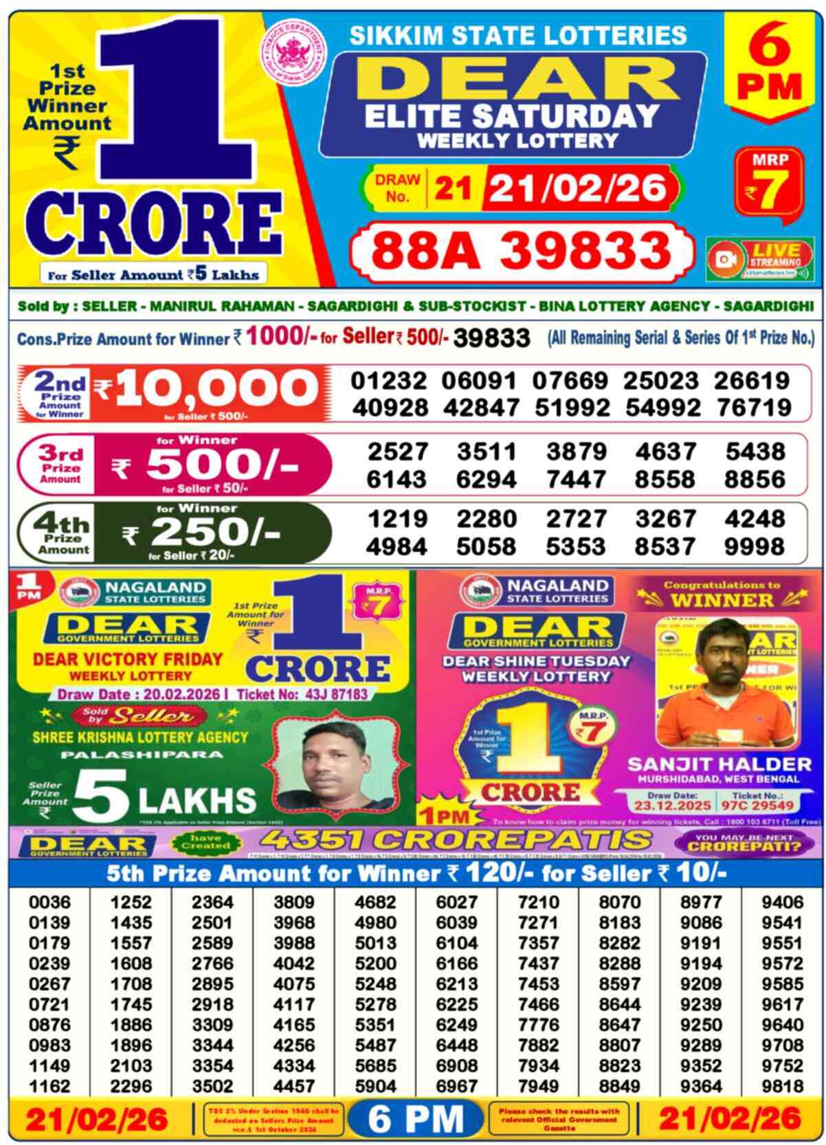 Dear Lottery Result Today 6 PM 22 February 2026