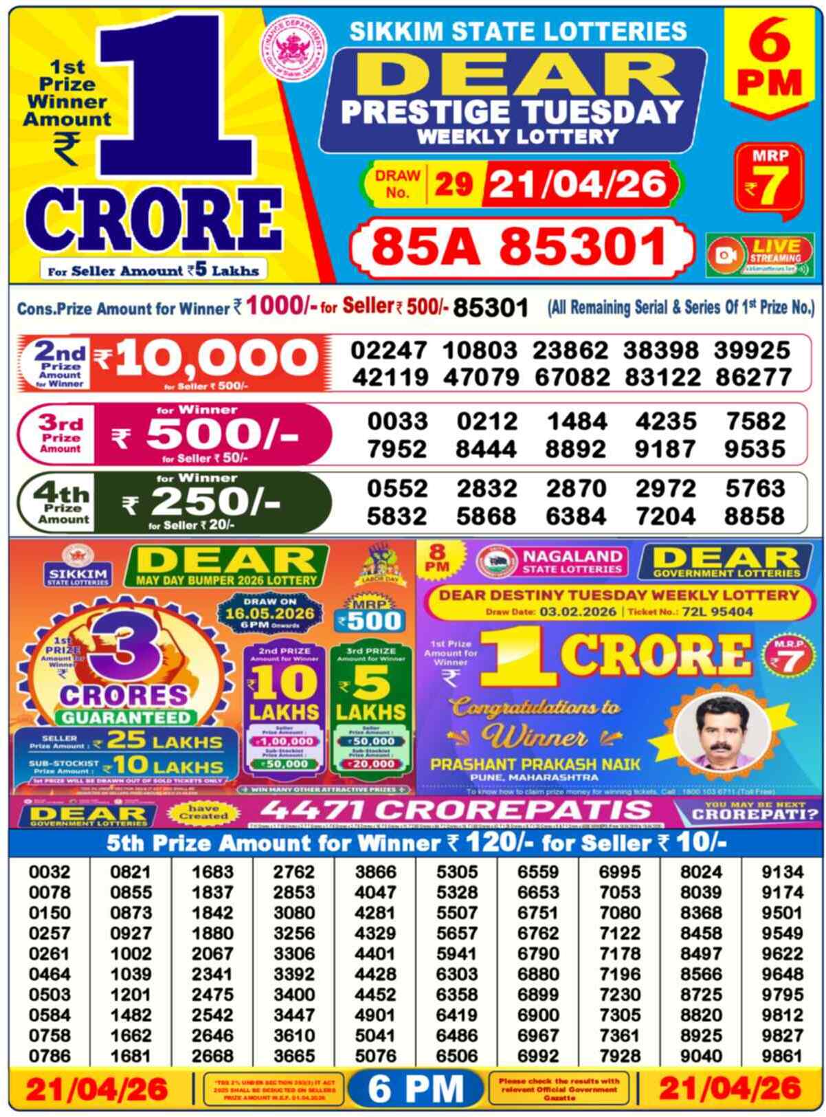 Dear Lottery Result Today 6 PM 22 April 2026