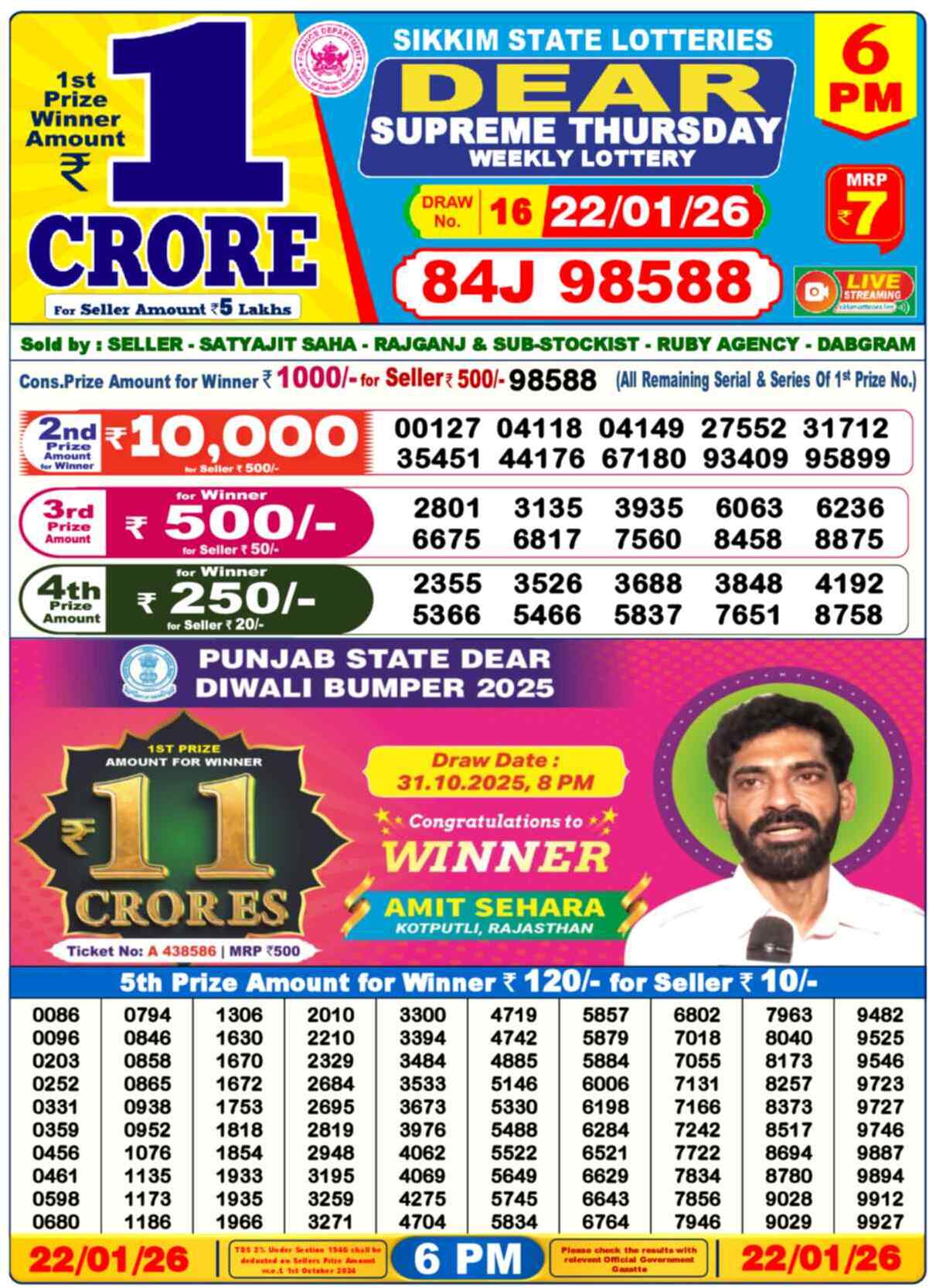 Lottery Sambad 22.01.26 Dear Lottery 6 PM January 22, 2026