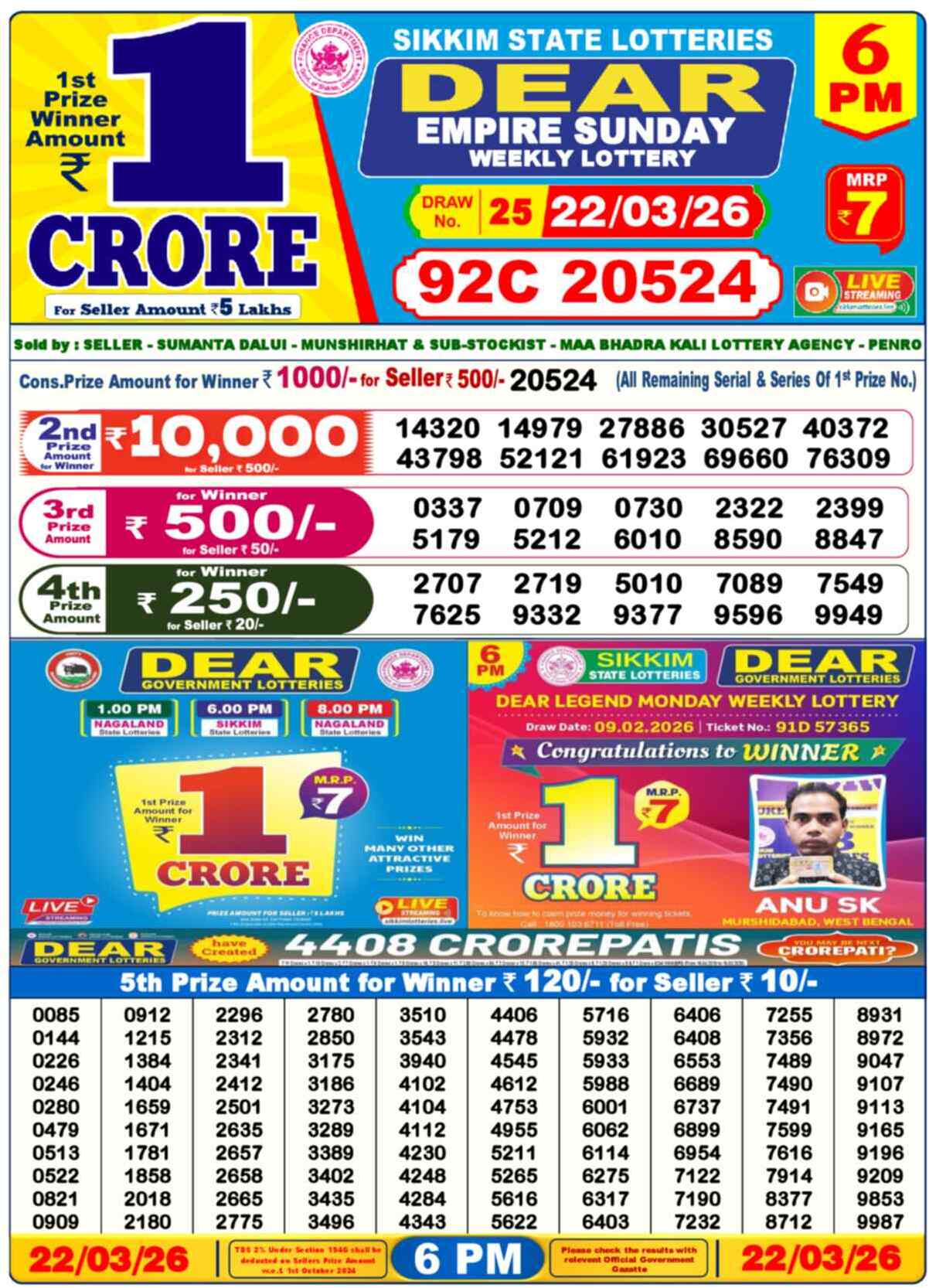 Dear Lottery Result Today 6 PM 22 March 2026
