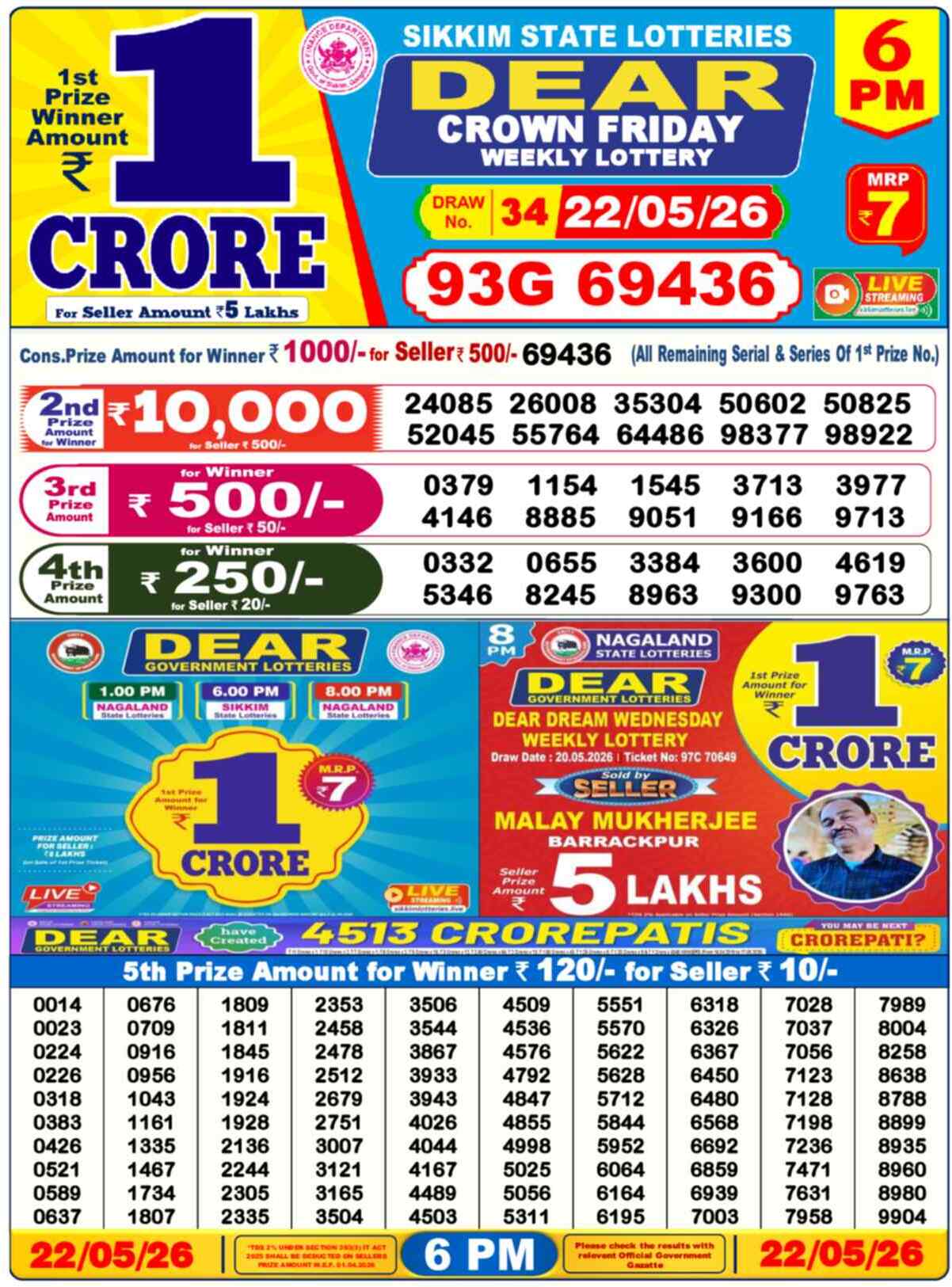 Lottery Sambad 22.05.26 Dear Lottery 6 PM May 22, 2026