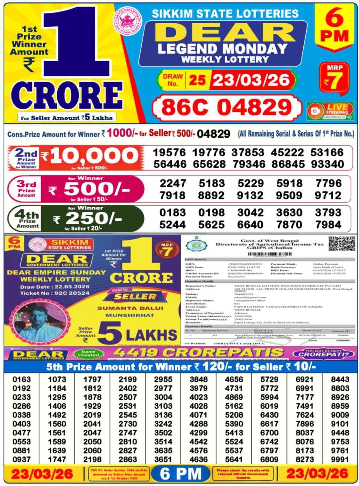 Dear Lottery Result Today 6 PM 23 March 2026