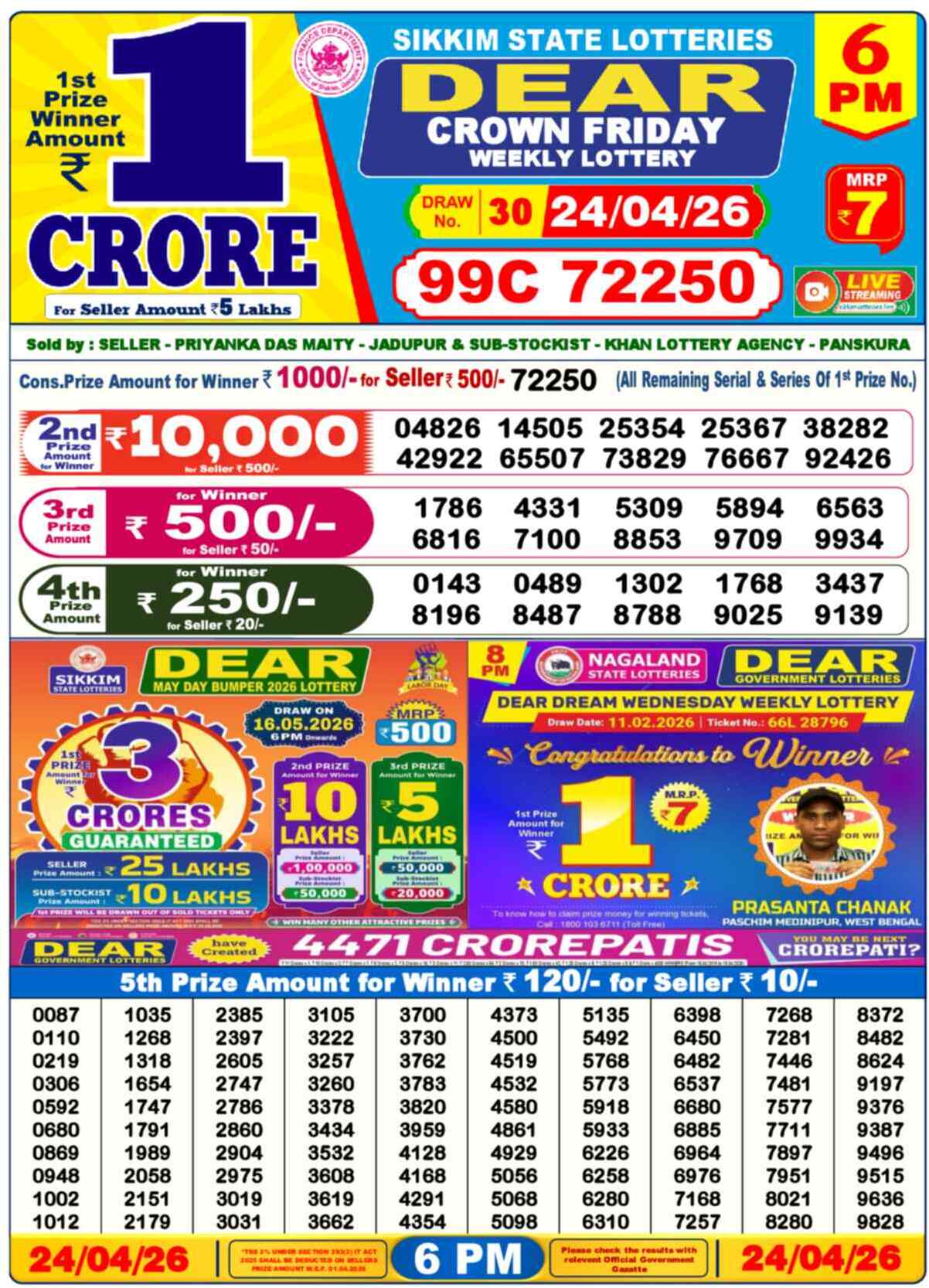 Dear Lottery Result Today 6 PM 25 April 2026