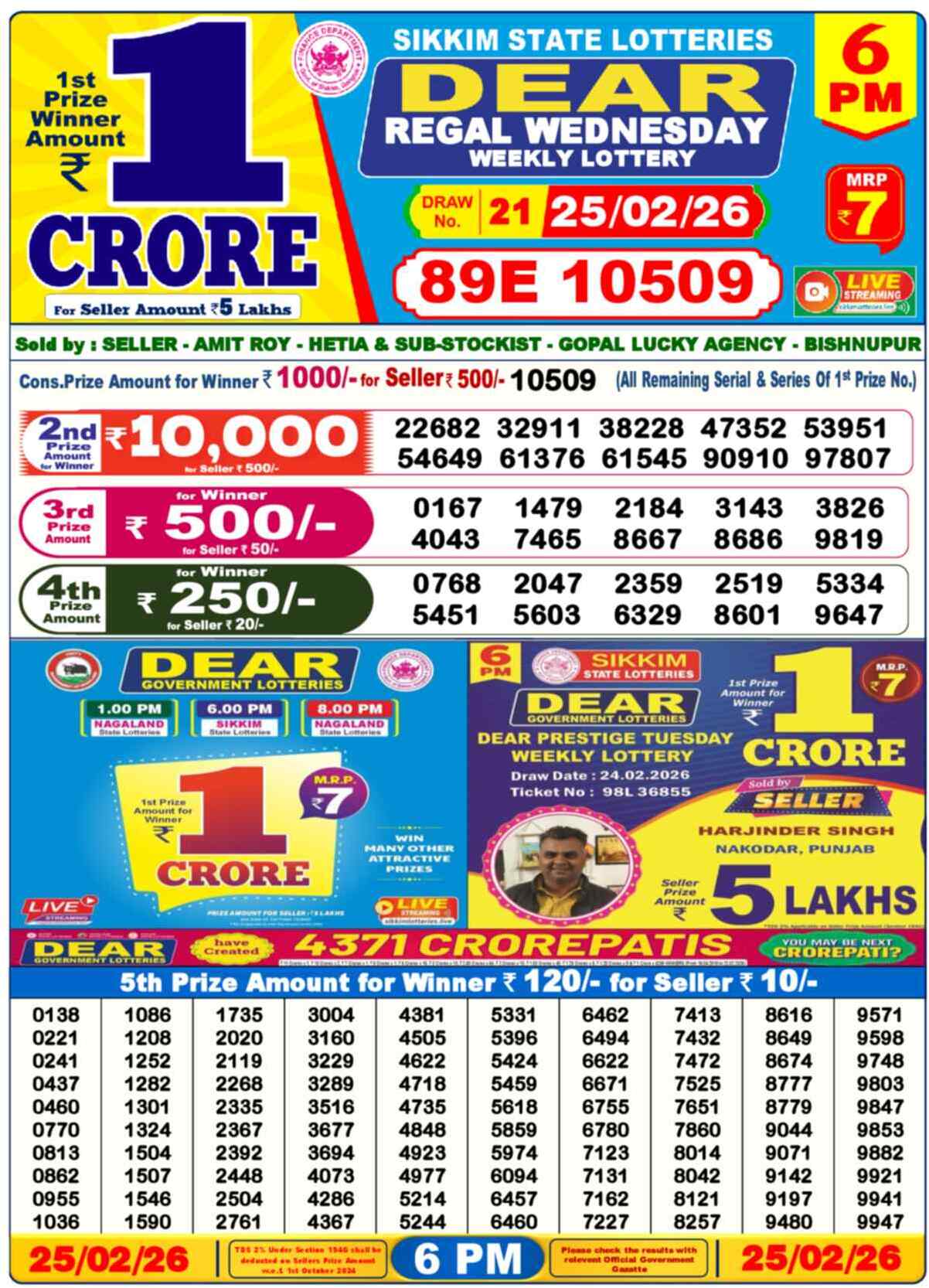 Dear Lottery Result Today 6 PM 26 February 2026
