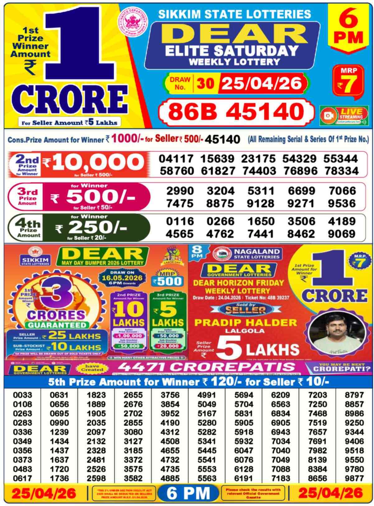 Dear Lottery Result Today 6 PM 26 April 2026
