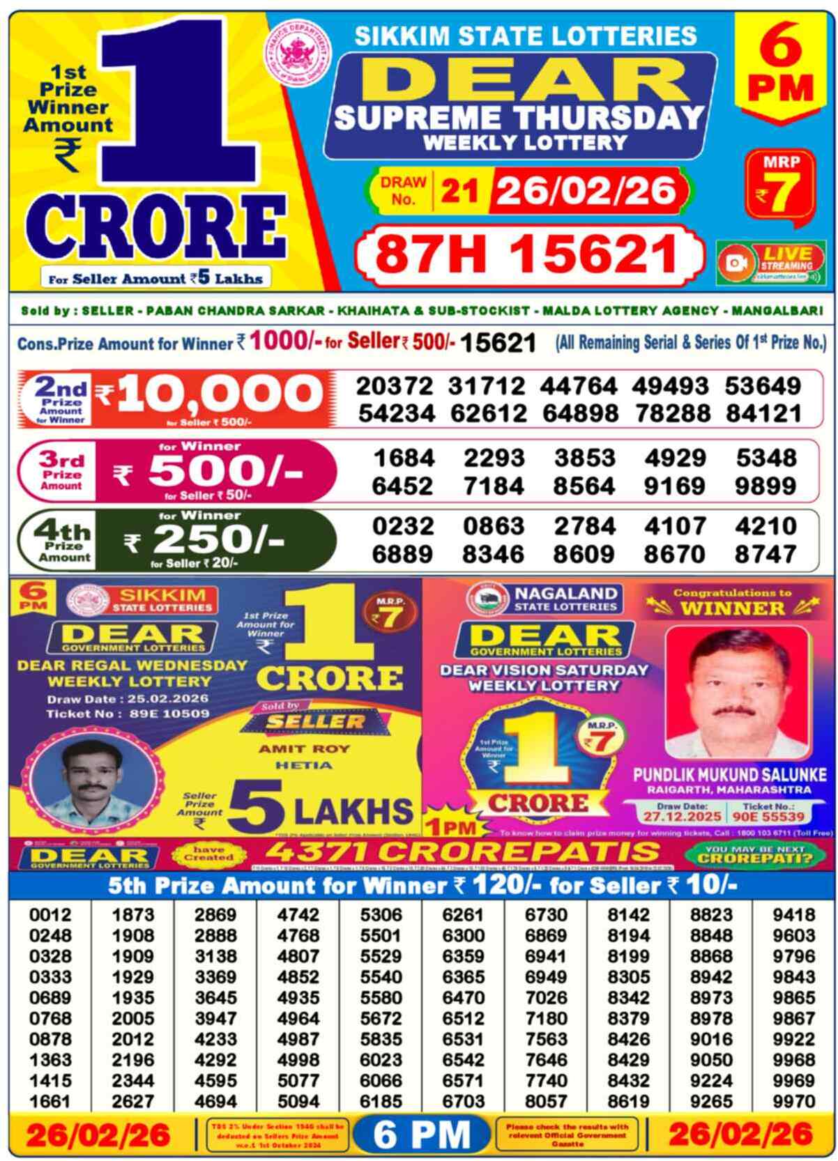 Dear Lottery Result Today 6 PM 27 February 2026
