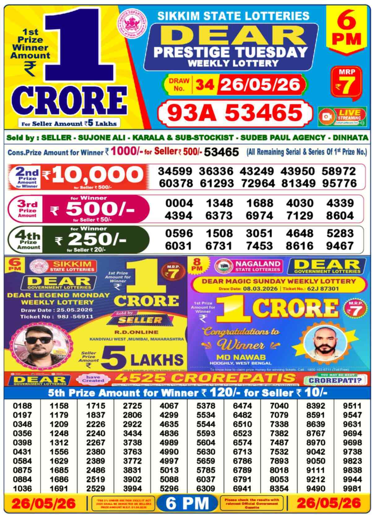 Dear Lottery Result 6:00 PM 2026-05-26