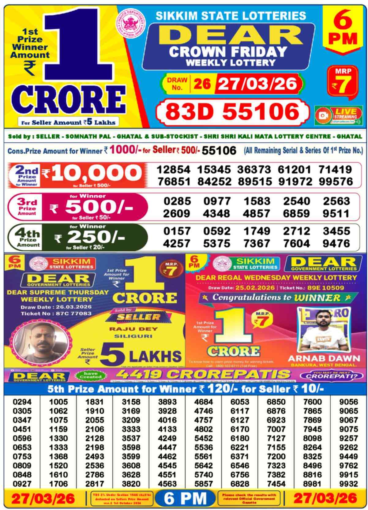 Lottery Sambad 27.03.26 Dear Lottery 6 PM March 27, 2026