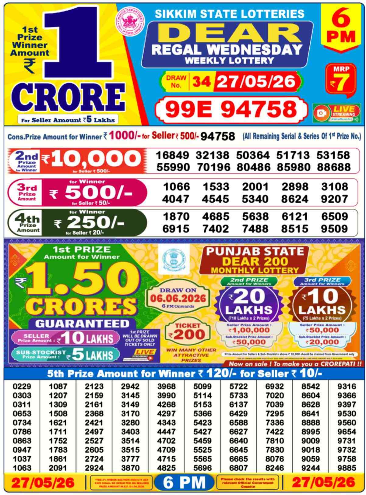 Dear Lottery Result 6:00 PM 2026-05-27