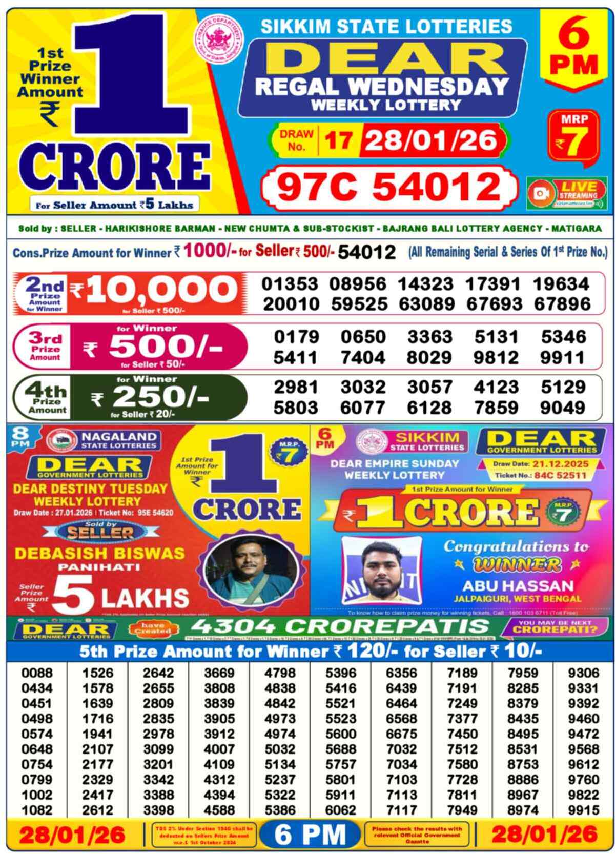 Lottery Sambad 28.01.26 Dear Lottery 6 PM January 28, 2026