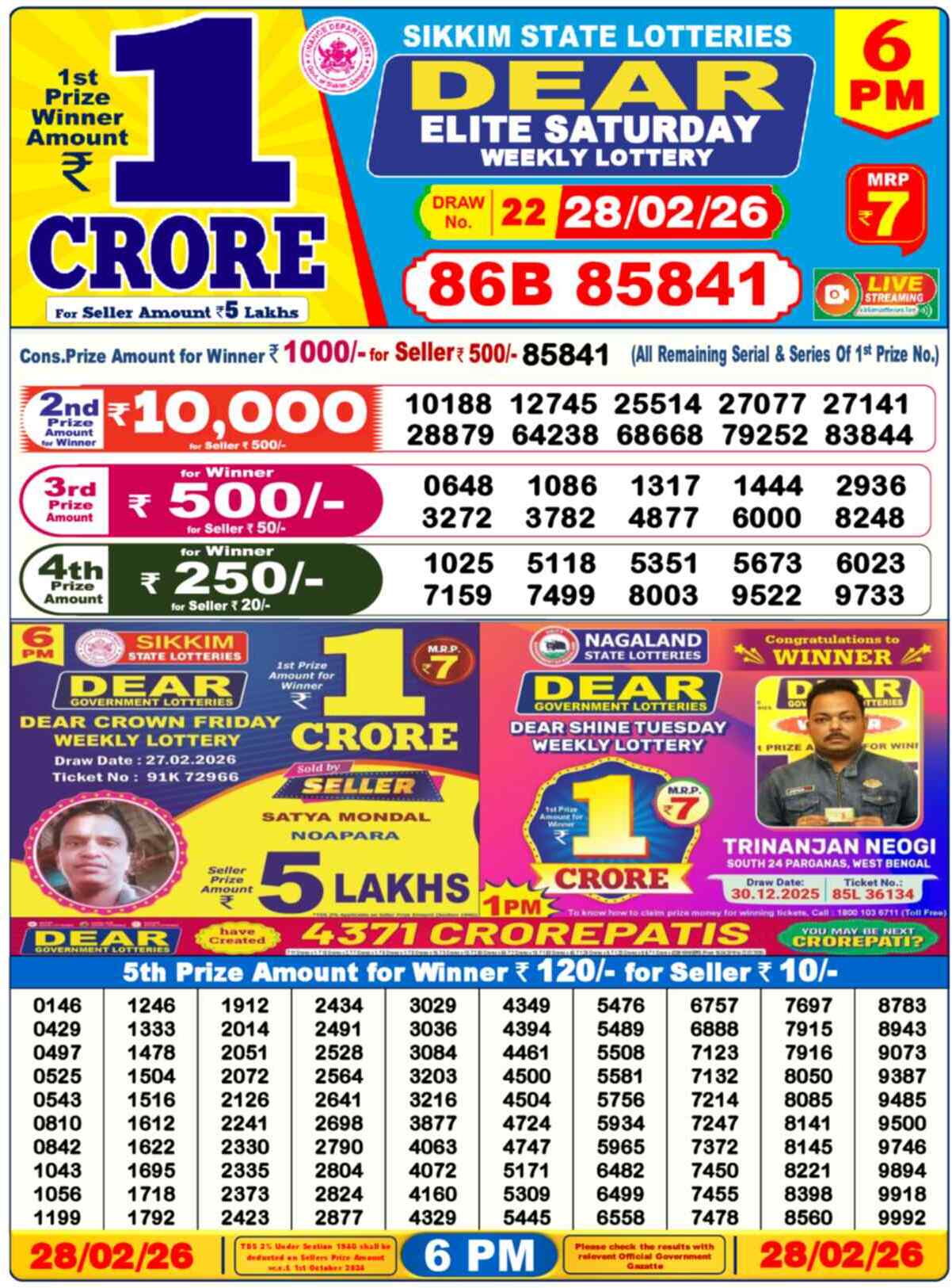 Dear Lottery Result Today 6 PM 01 March 2026