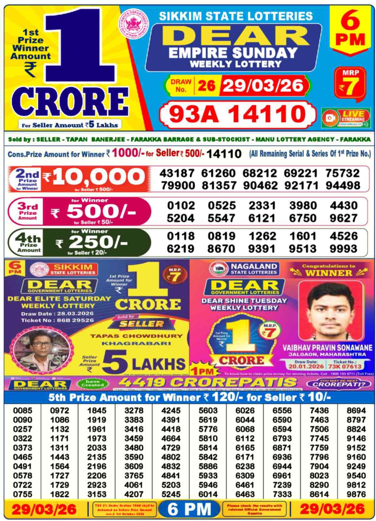 Dear Lottery Yesterday Sambad Result 6:00 PM 29 March 2026