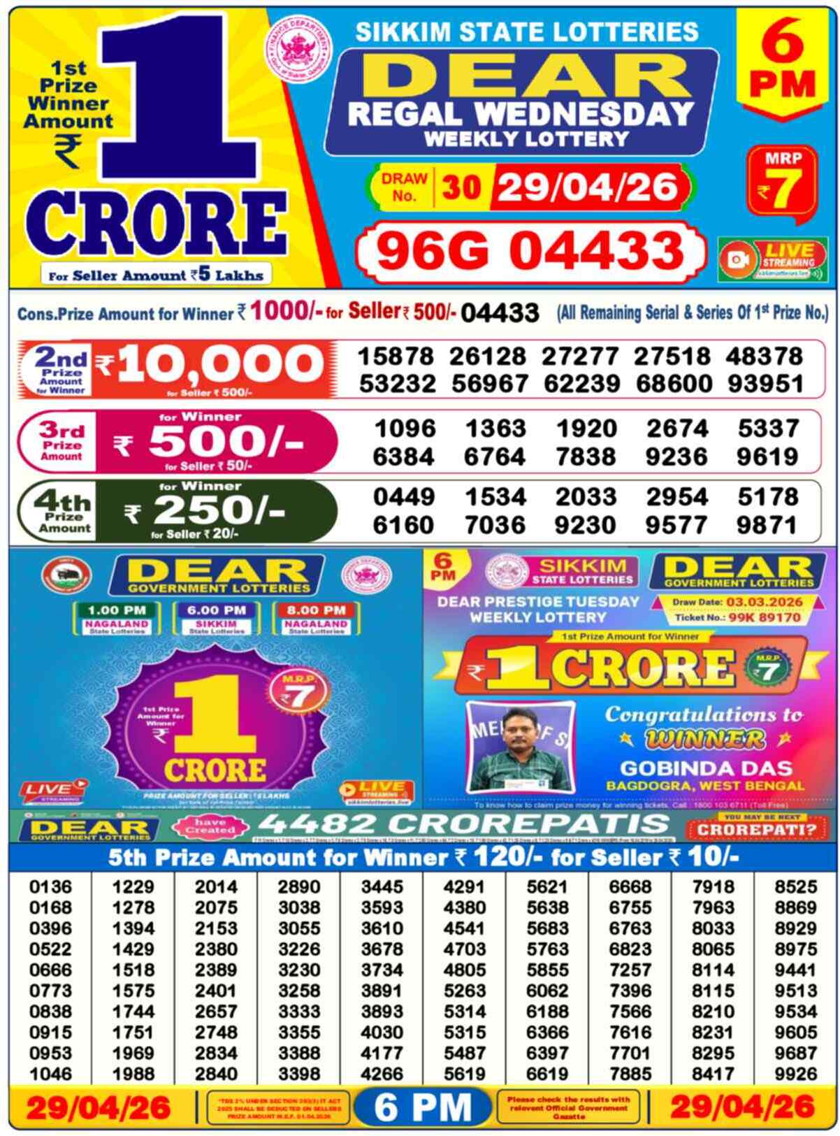Dear Lottery Result Today 6 PM 30 April 2026