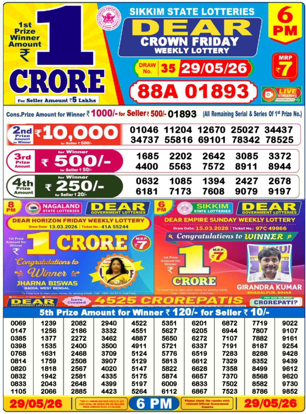 Lottery Sambad 29.05.26 Dear Lottery 6 PM May 29, 2026