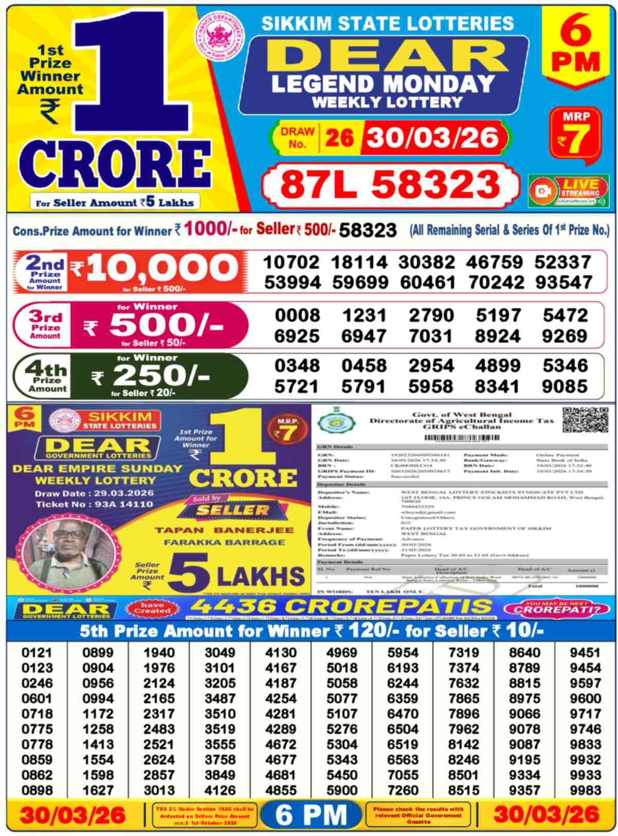 Dear Lottery Result Today 6 PM 31 March 2026