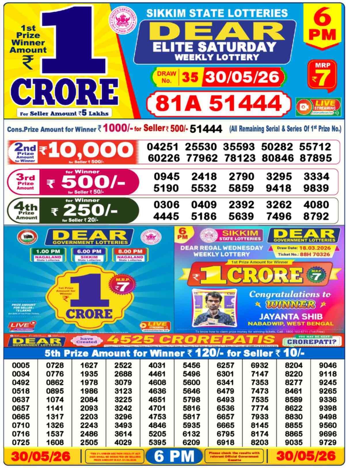 Lottery Sambad 30.05.26 Dear Lottery 6 PM May 30, 2026