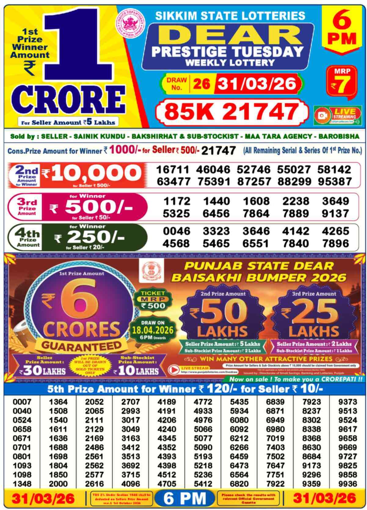 Dear Lottery Result Today 6 PM 01 April 2026