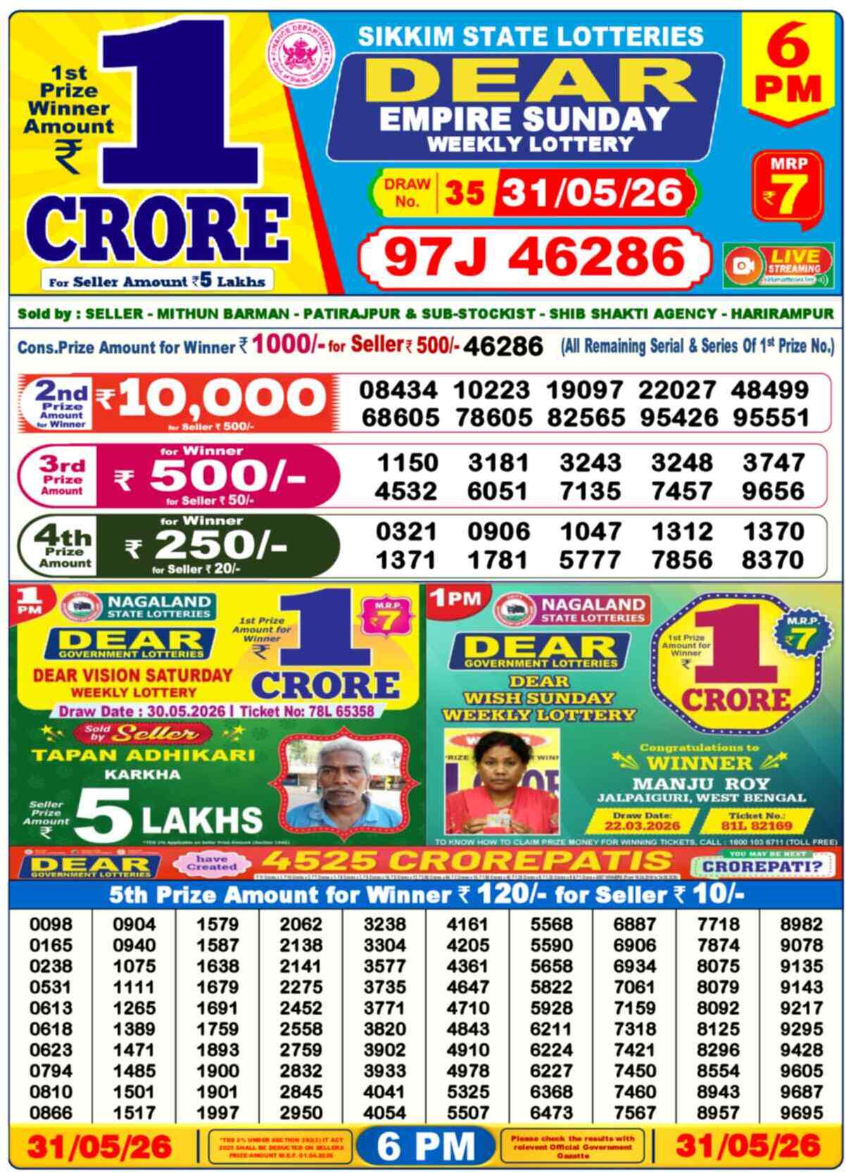 Lottery Sambad 31.05.26 Dear Lottery 6 PM May 31, 2026