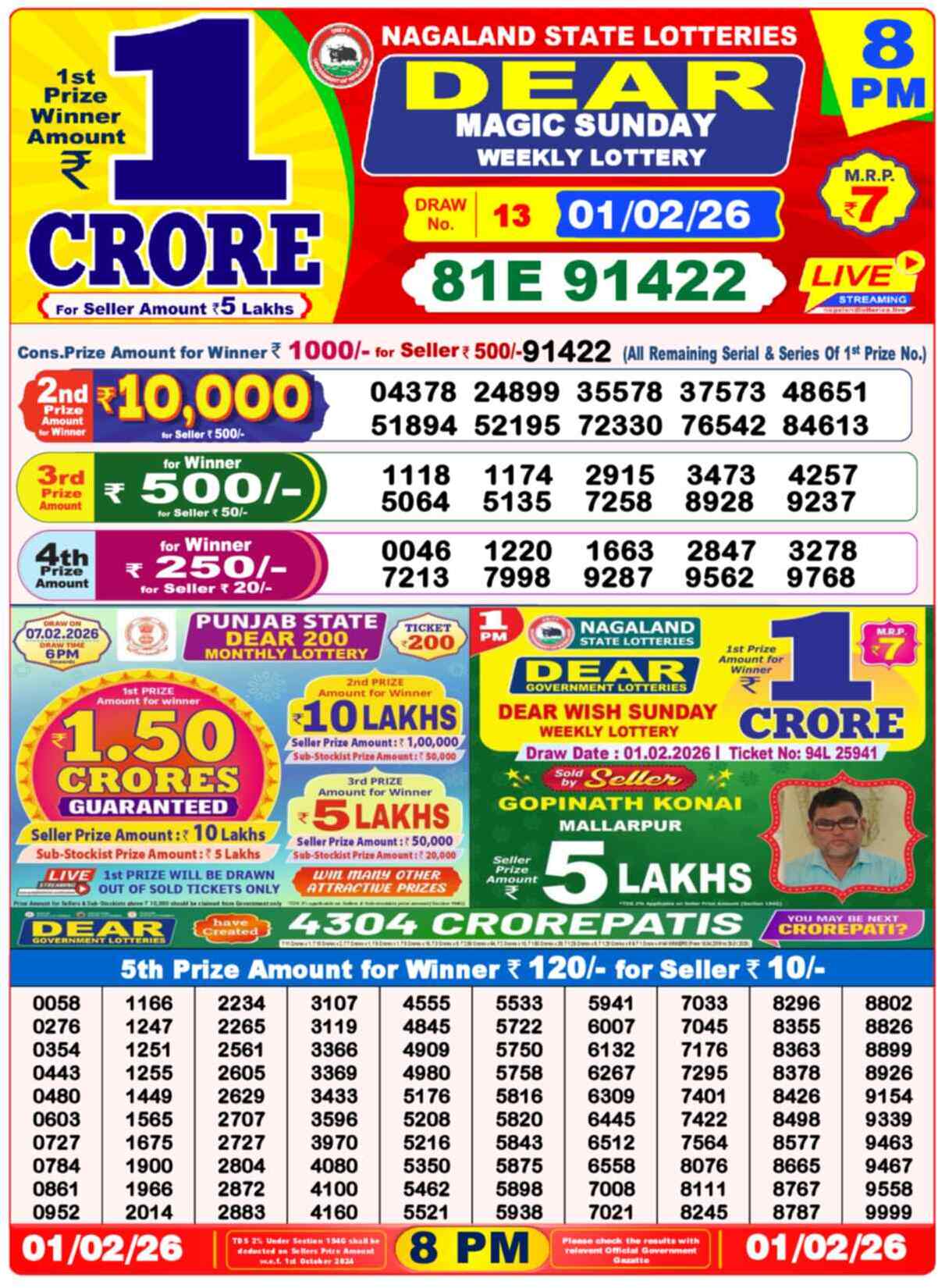 Lottery Sambad 01.02.26 Dear Lottery 8 PM February 01, 2026