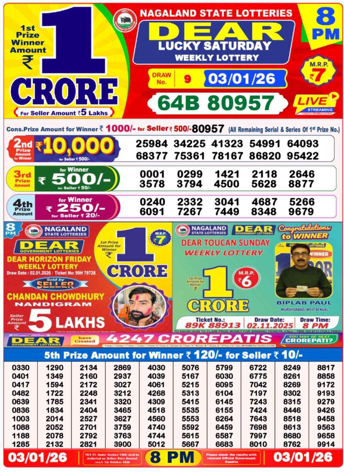 Lottery Sambad 03.01.26 Dear Lottery 8 PM January 03, 2026