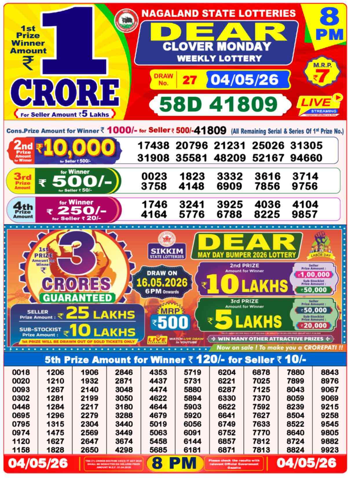 Lottery Sambad 04.05.26 Dear Lottery 8 PM May 04, 2026