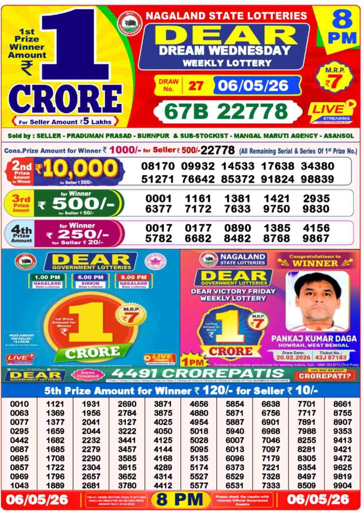 Dear Lottery Yesterday Sambad Result 8:00 PM 06 May 2026