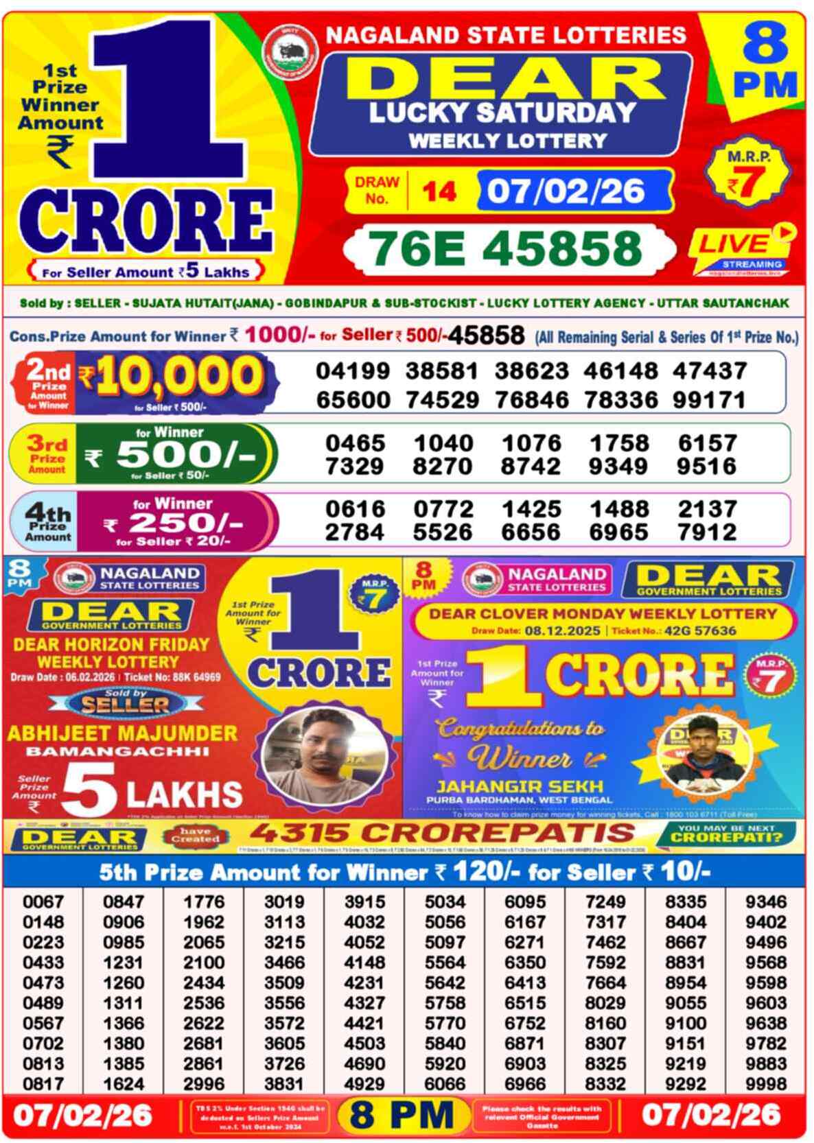 Dear Lottery Result Today 8 PM 08 February 2026