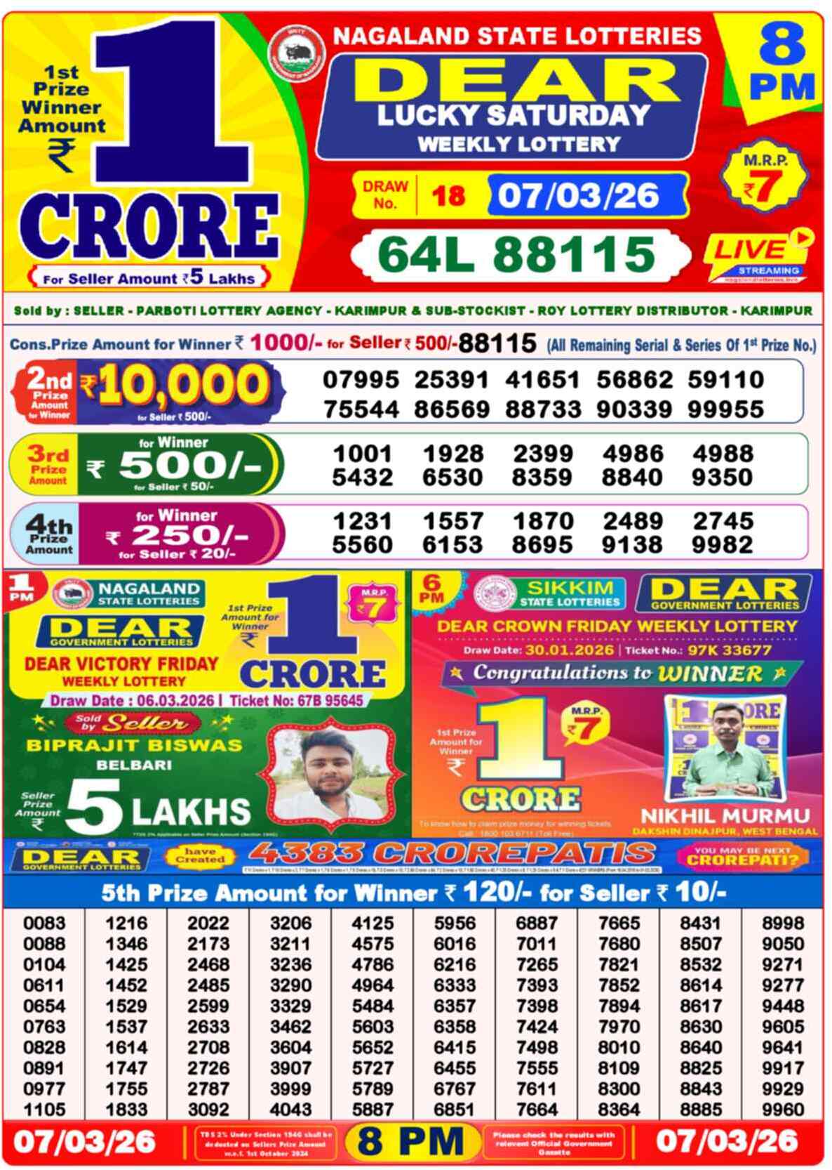 Dear Lottery Result Today 8 PM 08 March 2026