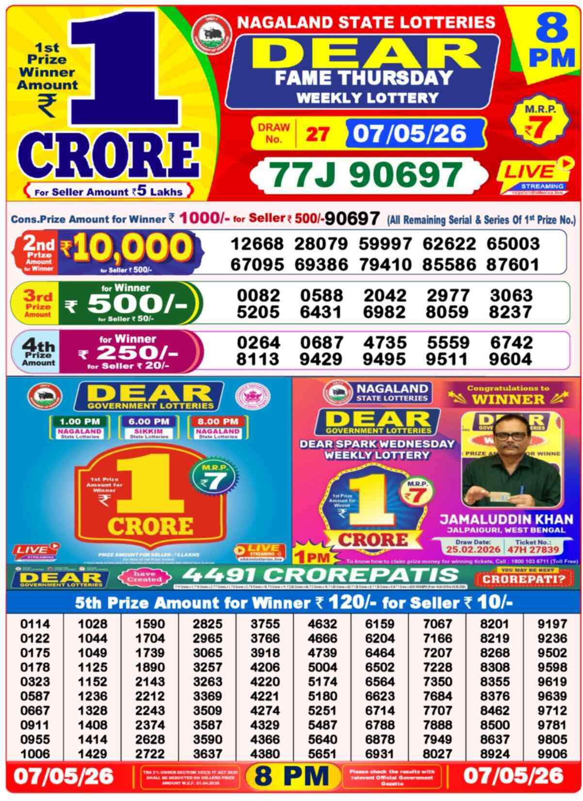 Dear Lottery Yesterday Sambad Result 8:00 PM 07 May 2026