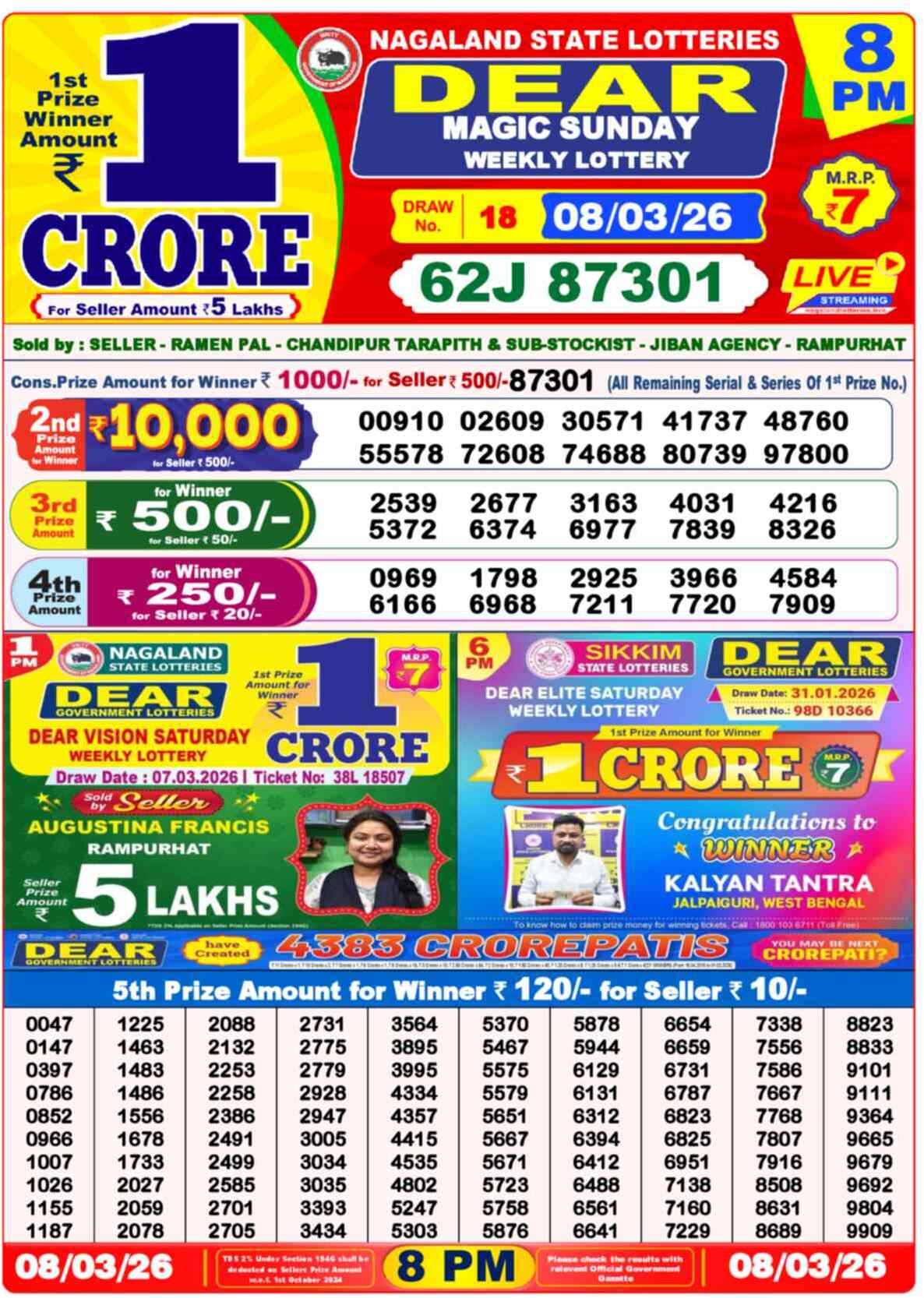 Lottery Sambad 08.03.26 Dear Lottery 8 PM March 08, 2026