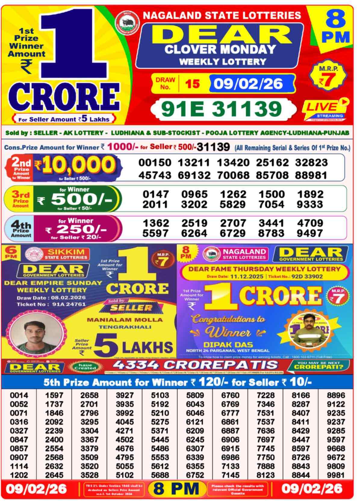 Dear Lottery Result Today 8 PM 10 February 2026