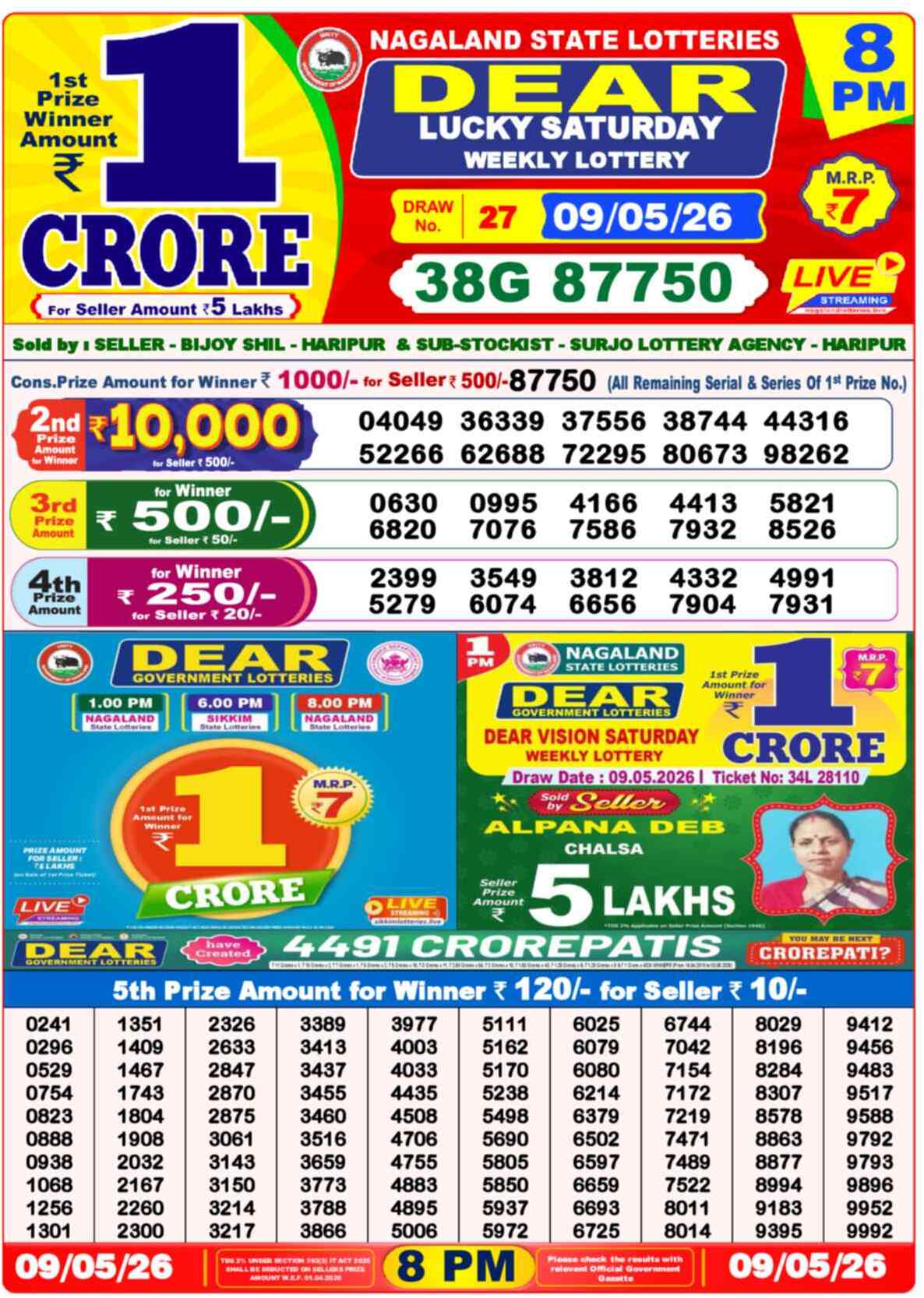 Dear Lottery Yesterday Sambad Result 8:00 PM 09 May 2026