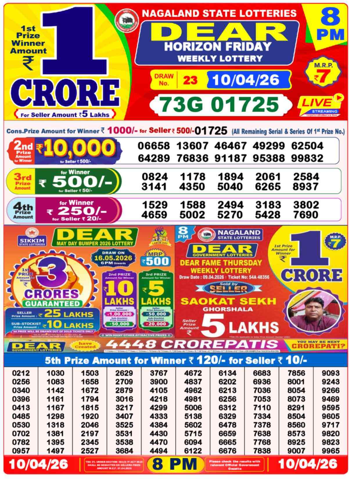 Dear Lottery Result Today 8 PM 11 April 2026