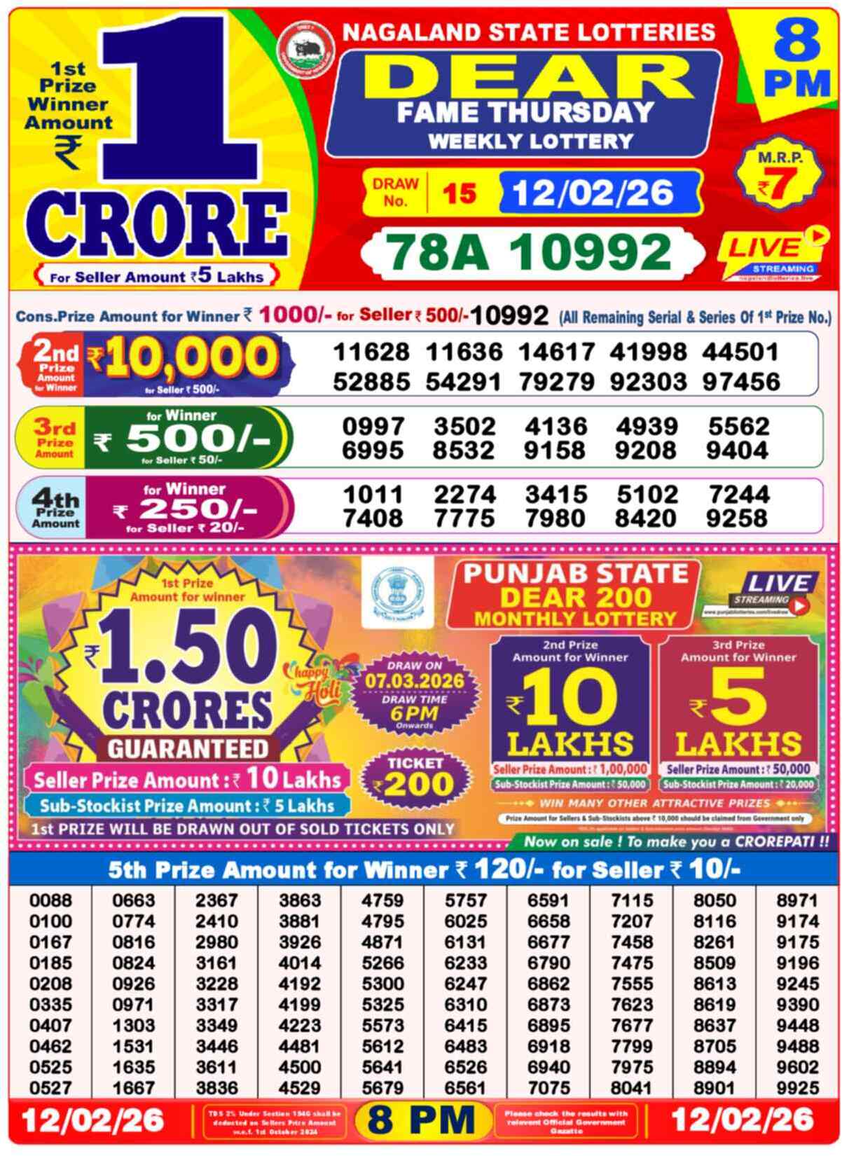 Dear Lottery Result Today 8 PM 13 February 2026