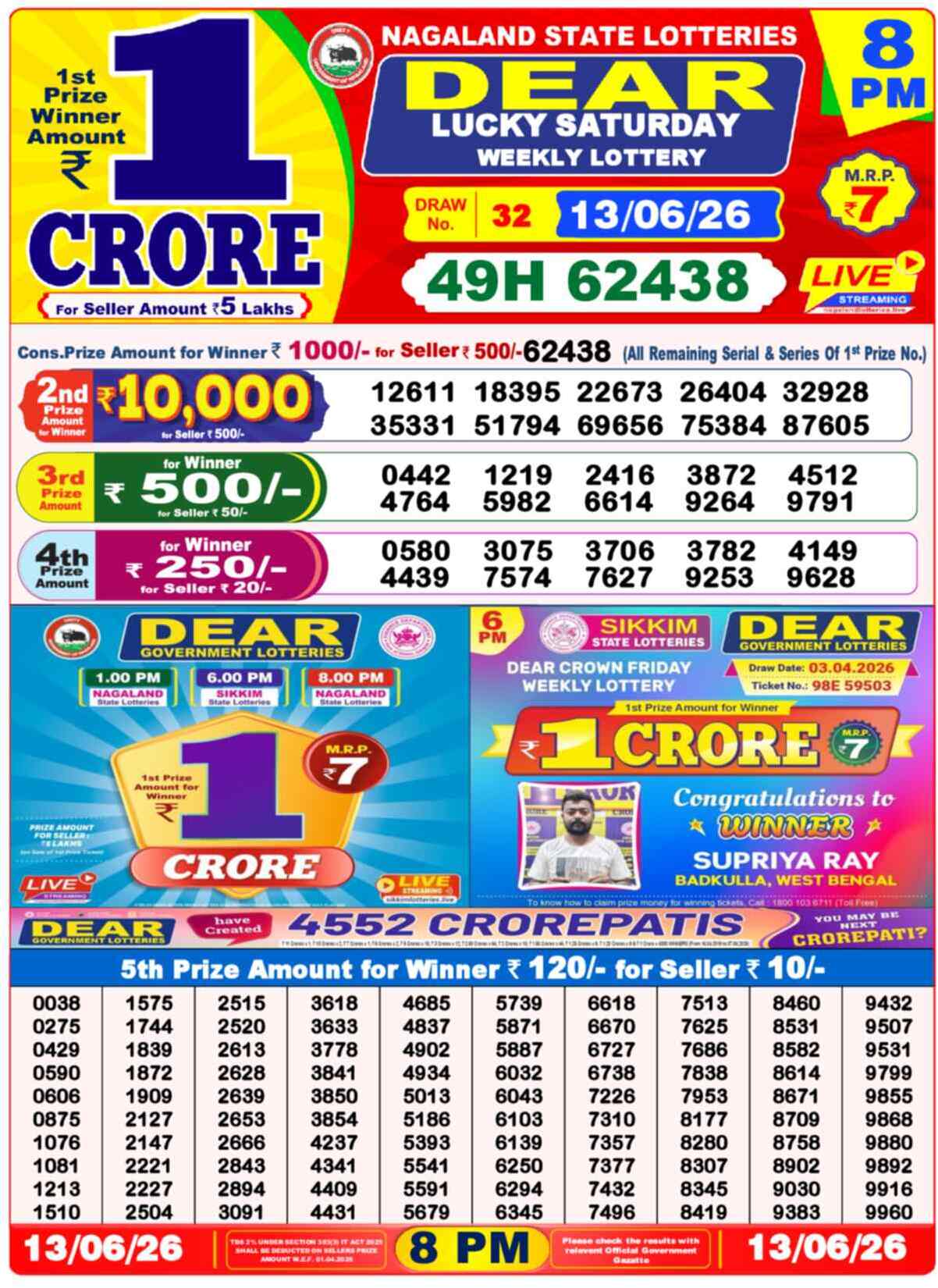 Dear Lottery Result 8 PM 13 June 2026