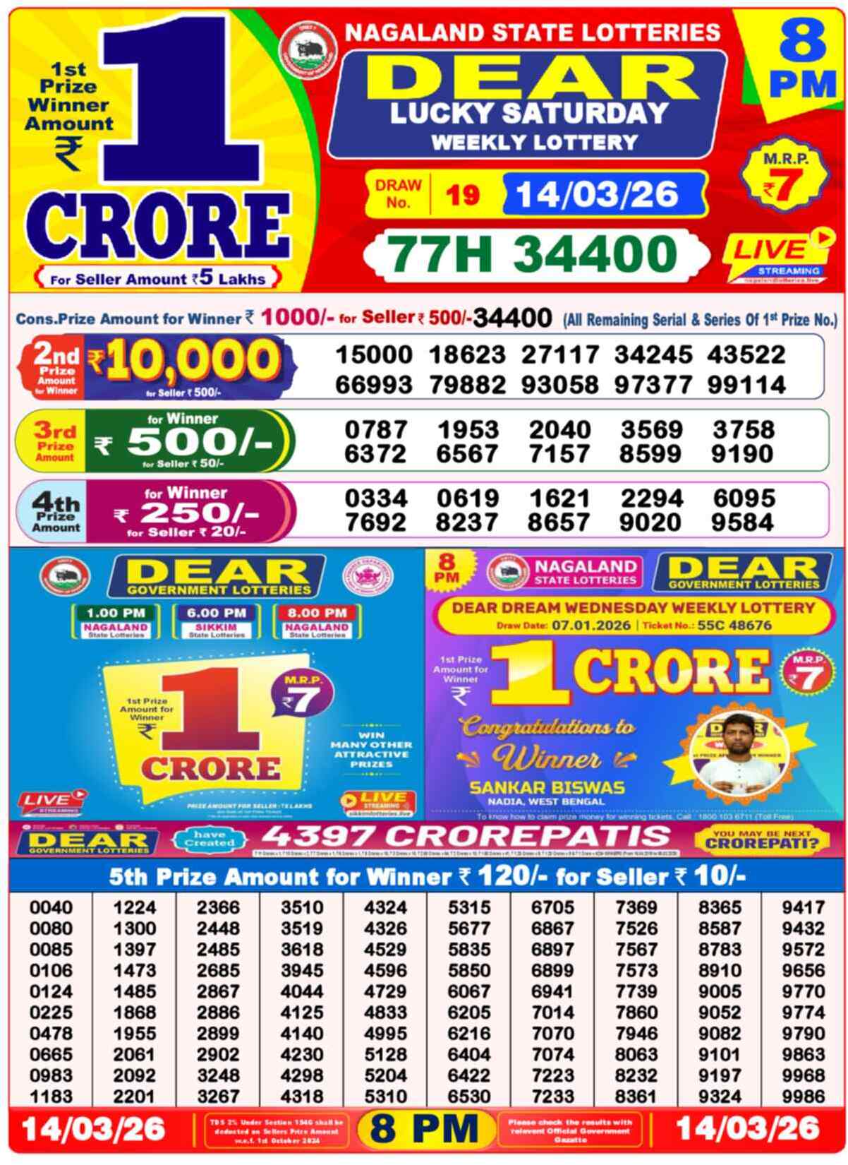 Dear Lottery Result Today 8 PM 14 March 2026