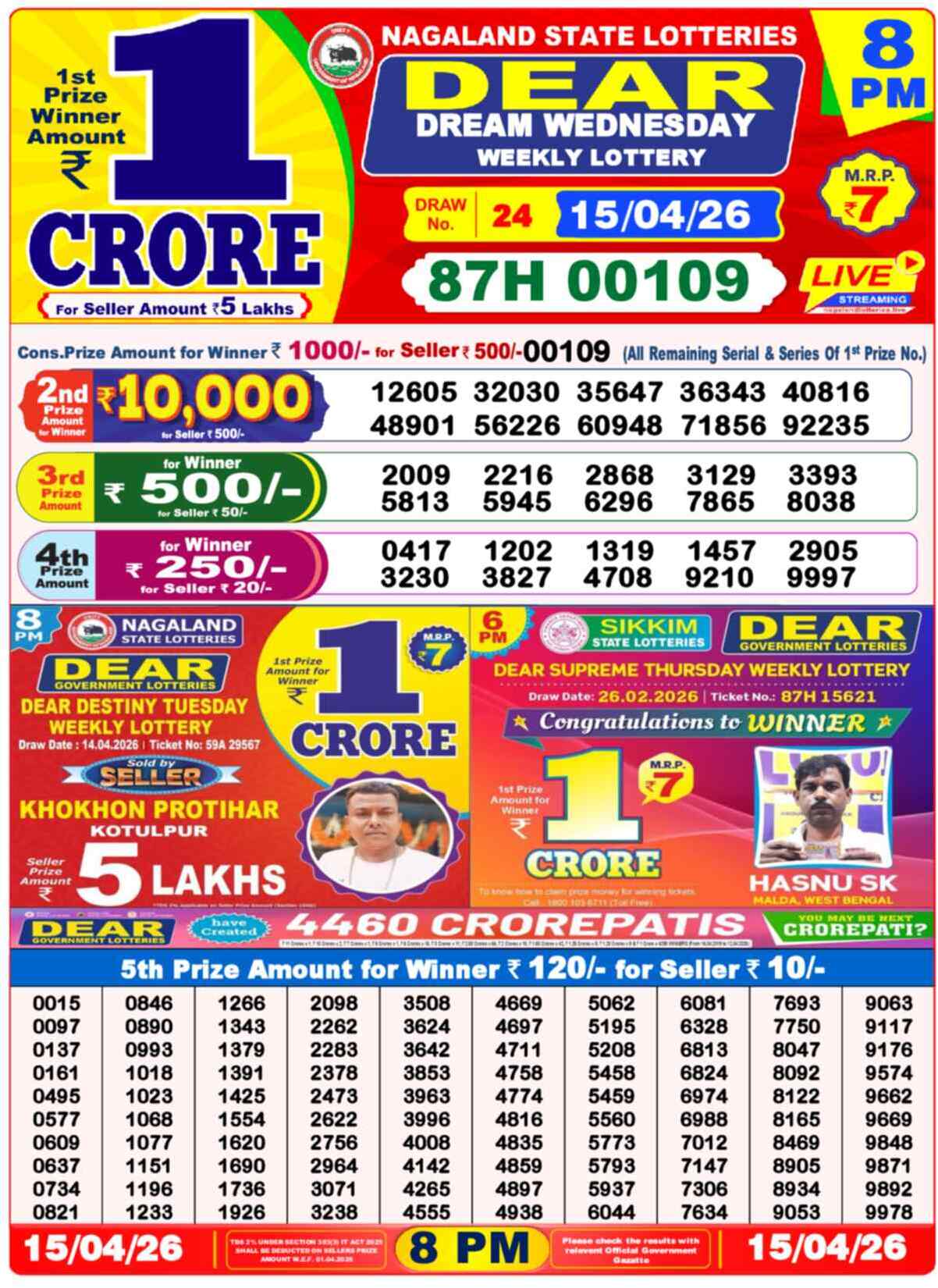 Dear Lottery Result Today 8 PM 16 April 2026