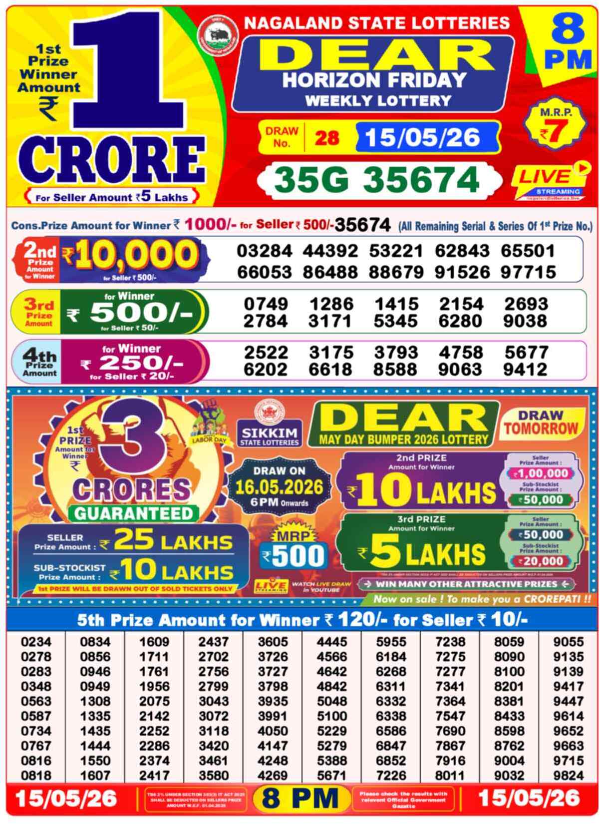 Dear Lottery Result 8 PM 15 May 2026