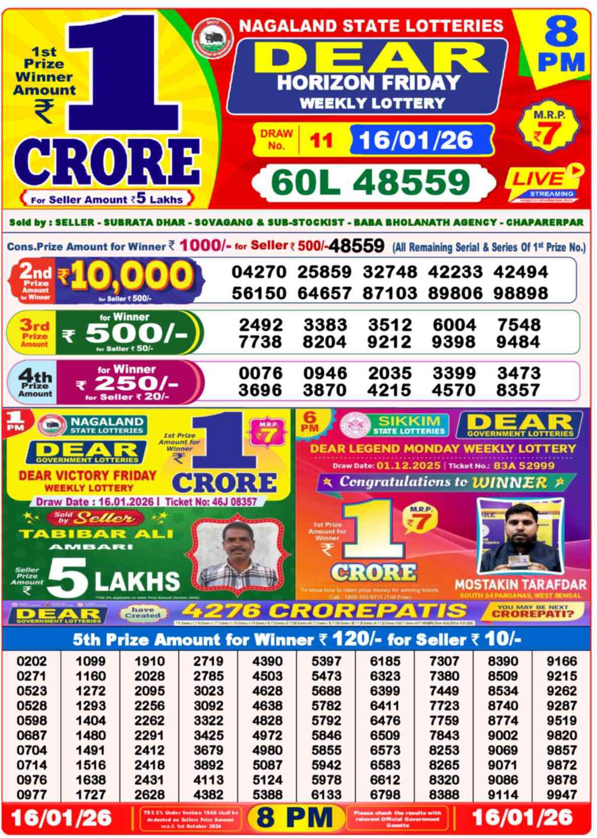 Lottery Sambad 16.01.26 Dear Lottery 8 PM January 16, 2026