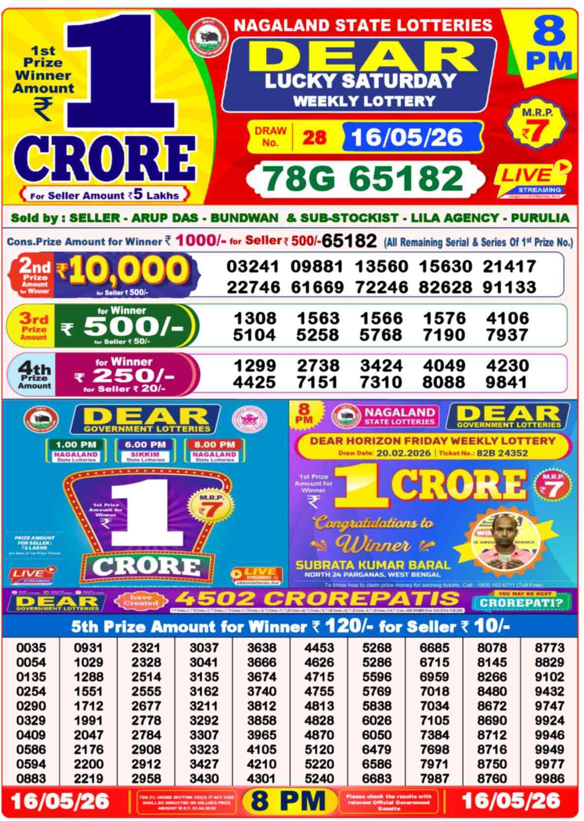 Dear Lottery Result 8:00 PM 2026-05-16