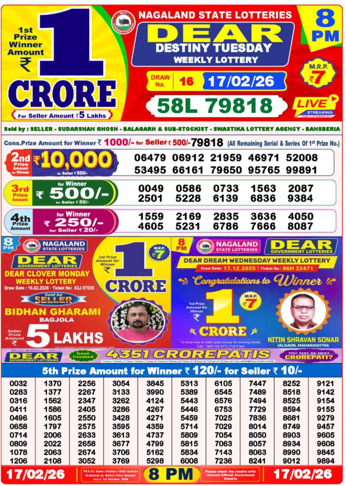 Dear Lottery Result Today 8 PM 18 February 2026