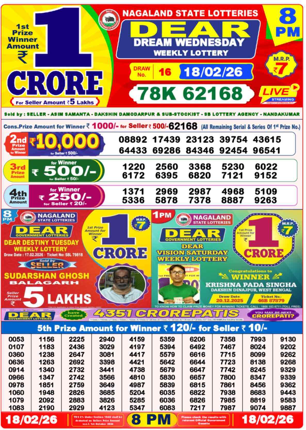 Dear Lottery Result Today 8 PM 19 February 2026