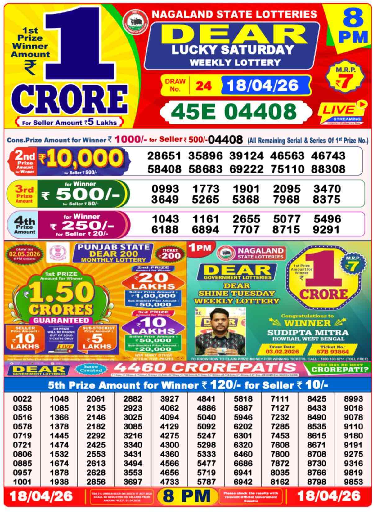 Dear Lottery Result Today 8 PM 19 April 2026